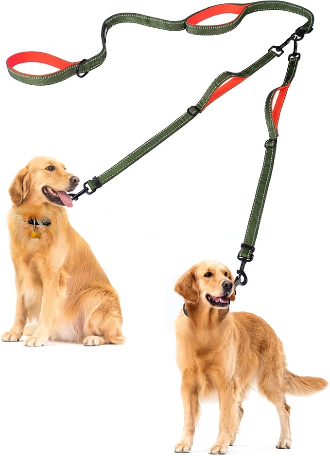 PetBonus Double Dog Leash, No Tangle Dual Leash, Walking Training Lead | 4 Comfortable Padded Handles, Adjustable, Reflective, For Two Large Medium Dogs, Collapsible Bowl and Waste Bags, Khaki Green