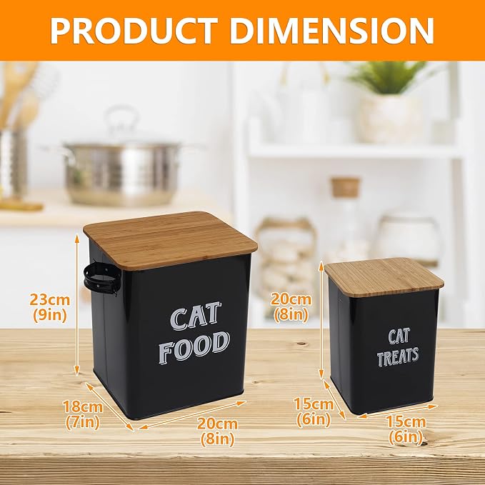 Morezi Cat Food Storage Container Farmhouse Pet Food Treats Bin with Lid and Scoop, Perfect Sturdy Canister Tins for Kitchen Countertop, Shelf, Great Gift for Pet Owners, 5 lbs, Black