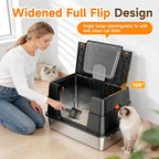 Stainless Steel Litter Box with Lid, High Sided Enclosed Metal Litter Box for Big Cats, Easy Cleaning Anti-Urine Leakage, Non-Sticky Cat Box, Front Entry Top Exit KittyBox, Includes Mat & Scoop