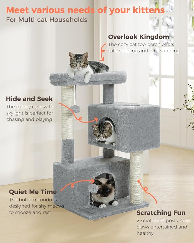 Small Cat Tree for Kittens, 32 in Cat Tower with 2 Cozy Condos | Multi-Level Cat Tree with Scratching Posts, Soft Padded Perch, 2 Dangling Toys