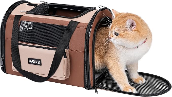 Collapsible Small Pet Carrier for Cat 15 lbs with Fashion Pocket Travel Bag | Lightweight Sturdy Little Puppy Dog Carry Crate, Breathable Stylish Kitten Soft Cage Kennel, Portable Yorkie Box Khaki