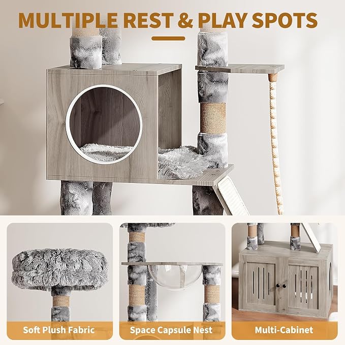 Garvee Cat Litter Box Enclosure with Cat Tree Tower and Condo, Hidden Cat Washroom Furniture with Sisal Scratching Post and Soft Plush Perch, Wooden Cat Furniture with Multiple Platforms
