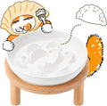 Slow Feeder Cat Bowls with Bamboo Stand, Ceramic Elevated Pet Food Plates for Cats and Small Dogs, Raised Non-Slip Feeder (White/6.3")