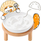Slow Feeder Cat Bowls with Bamboo Stand, Ceramic Elevated Pet Food Plates for Cats and Small Dogs, Raised Non-Slip Feeder (White/6.3")