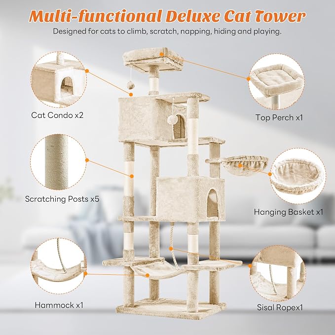 DUMOS Large 66 Inch Cat Tree Tower for Indoor, Beige | Tall Multi Level Cat Climbing Tower with Natural Sisal Scratching Posts, Hammock, Pet Condo for Cats and Kittens