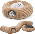 Cat Tunnel Bed Cave - Washable Cushion for Indoor Cats, Peekaboo Hideaway Cave for Indoor Cats, Kittens, Puppies, Rabbits, Luxurious Striped Hare-Feel Fabric, Tunnels for Indoor Cats Large(Khaki)