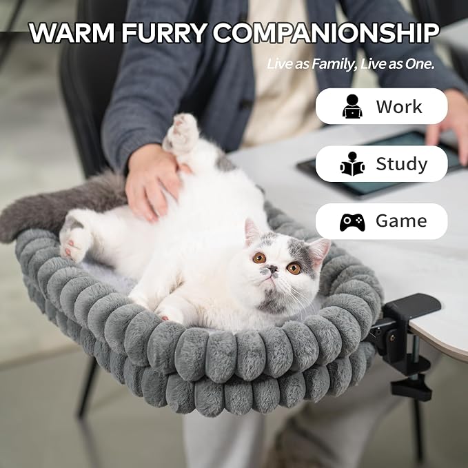 CHEERPALS Cloud Cat Bed Desk Mounted Hammock for Indoor Cats Perch Foldable | Reversible Mesh Warm Plush Mat, 90° Space Saving, Machine Washable Support Pet Bed for Kitty and Puppy(Grey, Large)