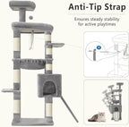 Heybly 64.2" Heavy-Duty Cat Tree for Large Cats with Wide Base HCT027W | Indoor Cat Tower with Scratching Posts & Board, Cat Furniture with Big Platforms, Extra-Large Hammock, Light Gray