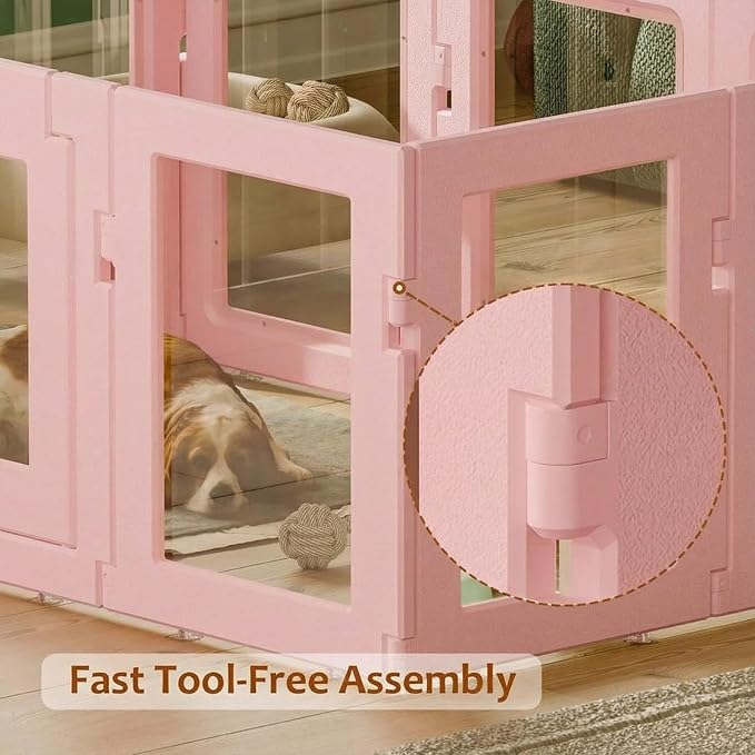Clear Acrylic Dog Playpen Indoor, Puppy Cat Small Pet Play Pen, Easy Assemble & Disassemble Sturdy Plastic Dog Fence with Heavy Duty Door Lock (24In H, 10PCS), Pink