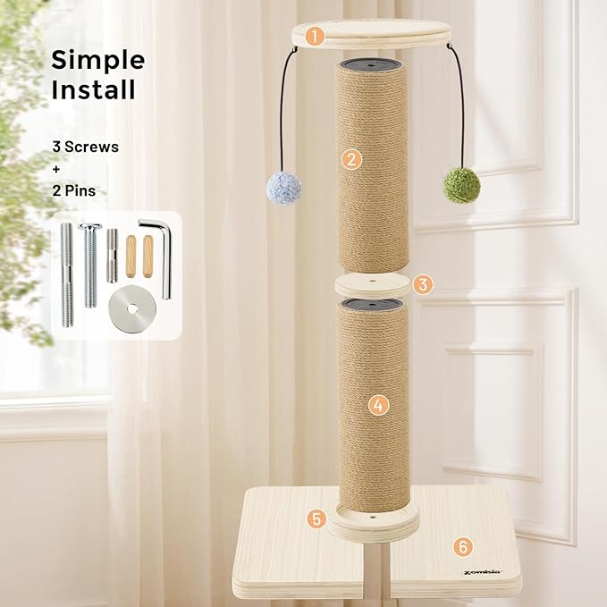 ZOMISIA 35'' Tall Cat Scratching Post for Indoor Cats Adults | 4.7'' Large Scratch Post, Thicken Wooden Base, Sisal Scratcher Top & Dangling Balls, Super Sturdy