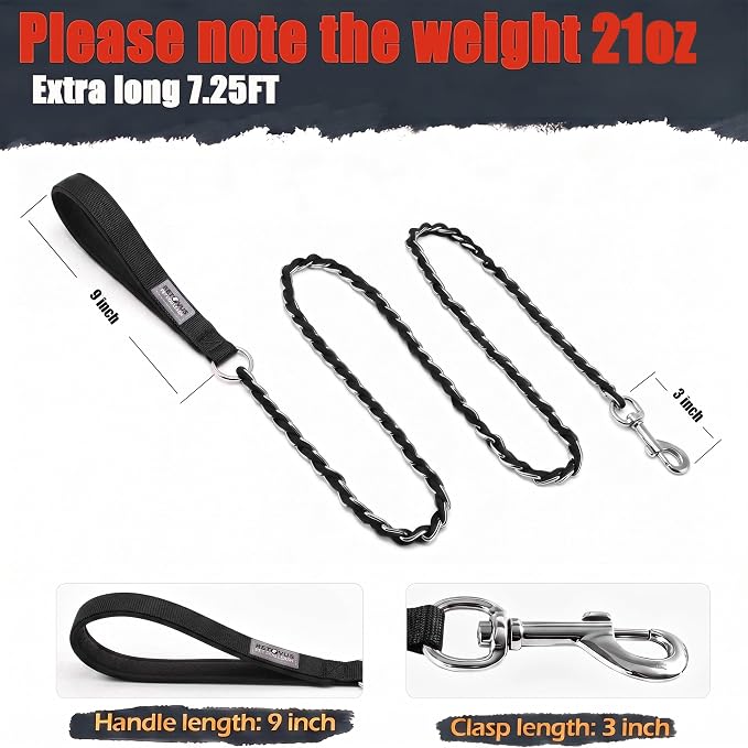 S-ETOVUS-Chain Dog Leash, Bite-Proof Metal Leash, with Padded Handle | Three Sizes 7.25FT/5.2FT/4FT, Woven From Nylon Rope And Chain, Durable And Bite-Resistant, Comfortable With Padded Handles.
