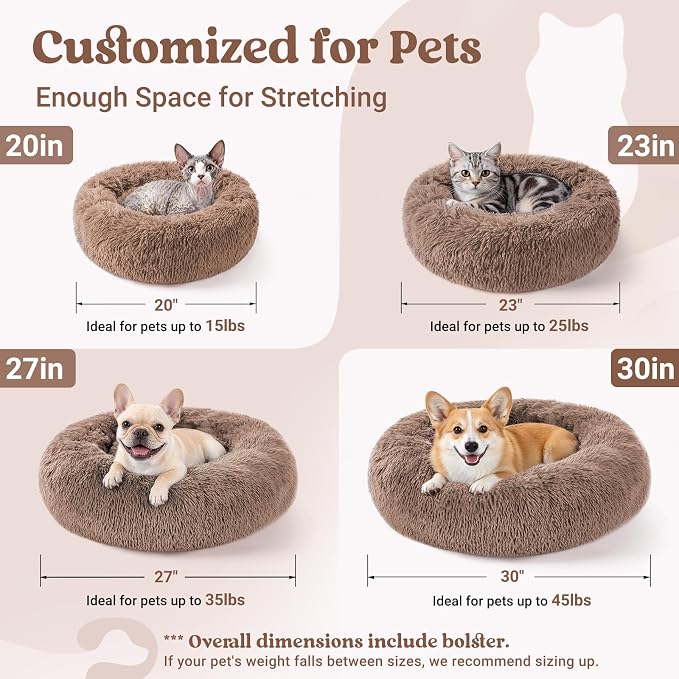 rabbitgoo Calming Cat Beds for Indoor Cats, 20 inches, Light Brown | Soft Warm Donut, Fluffy Faux Fur, Supportive Raised Rim, Anti-slip, Machine Washable, Up to 15lbs Kittens & Small Cats