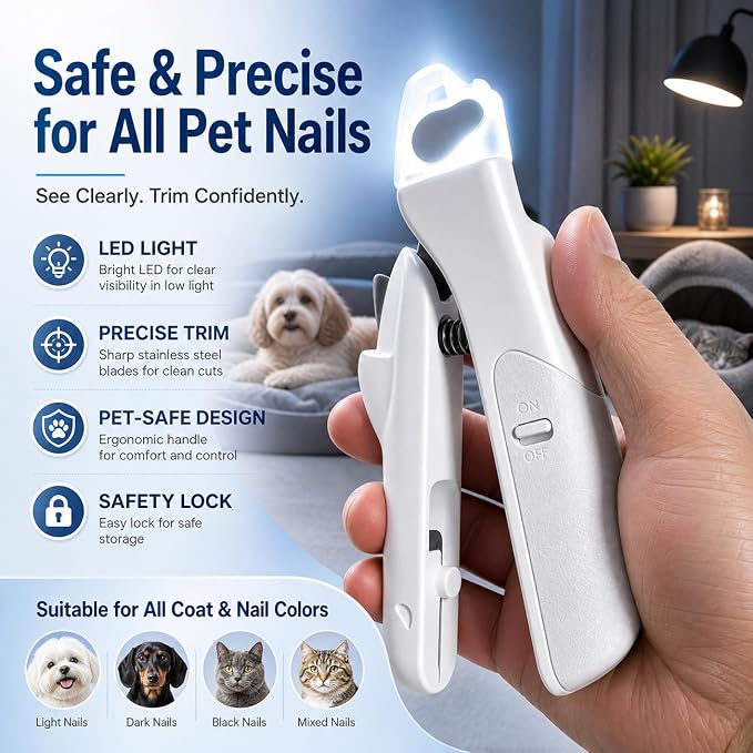 Professional Dog and Cat Nail Clipper - LED Light Dog Nail Clipper with Safety Protection, Ergonomic Pet Nail Clipper for Dogs, Small and Large Dogs, Dog Toenail Clippers, Cat Nail Trimmers