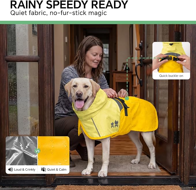 Luciphia Dog Raincoat, Adjustable Hooded Reflective Jacket with Pocket | Yellow XXX-Large dog rain jacket with leash hole, buckle-on, non-stick fur. For daily walks.