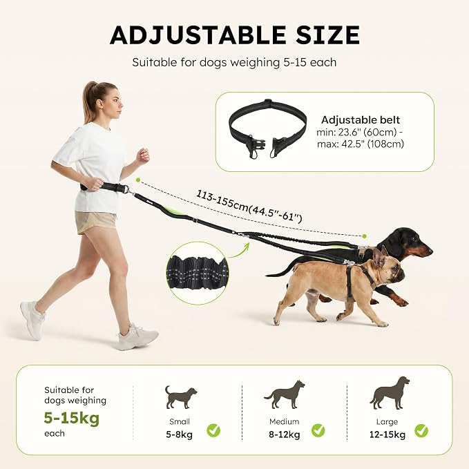 Pecute Hands Free Dog Leash for 2 Dogs, Waist Belt with Pouch, No Tangle | Shock absorbing bungee, dual padded handles, detachable waterproof fanny pack, heavy duty for large dogs, running & walking