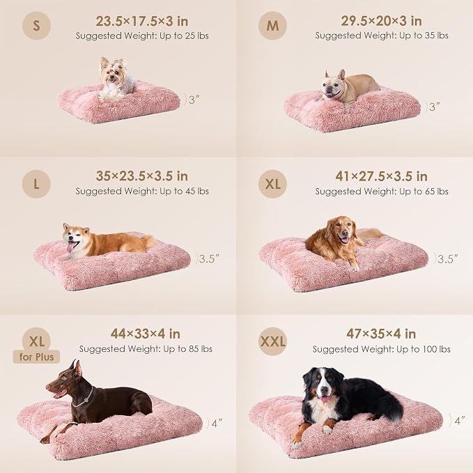 EHEYCIGA Fluffy Dog Crate Bed for Extra Large Dogs, Plush Faux Fur XLP Pad, Calming Anti Anxiety XL Plus Bed for Crate, Washable Soft Warm Dog Mat with Non-Slip Bottom, Pink