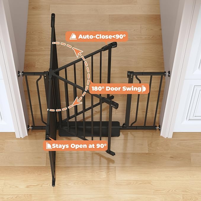 34" Tall Baby Gate No Drilling, Auto Close Dog Gate Indoor, Black | for Doorways & Stairs, Pressure Mounted 29"-45" Wide Pet Gate, Easy Walk Through Stair Gate for Baby & Pet Stroller Friendly