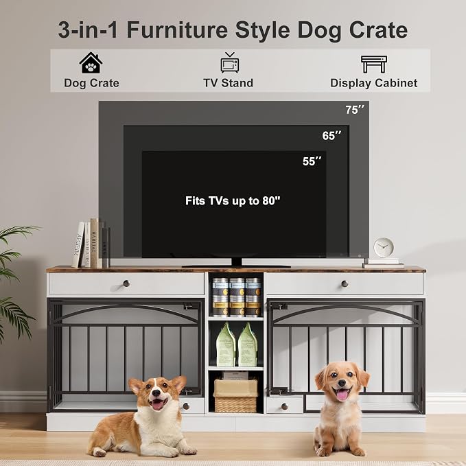 GarveeHome Dog Crate Furniture for 2 Dogs, Dog Kennel Indoor with Storage and Feeding Bowls, Double Dog Crate TV Stand for Small Medium Dogs, White