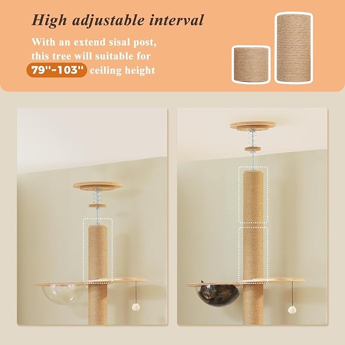 PETEPELA Floor to Ceiling Cat Tree, 79-103'' Adjustable Wood Tower, Beige | Tall wooden cat tower for indoor cats; 4'' all-sisal posts, acrylic bowl & pompom; tension top & wide base add steadiness