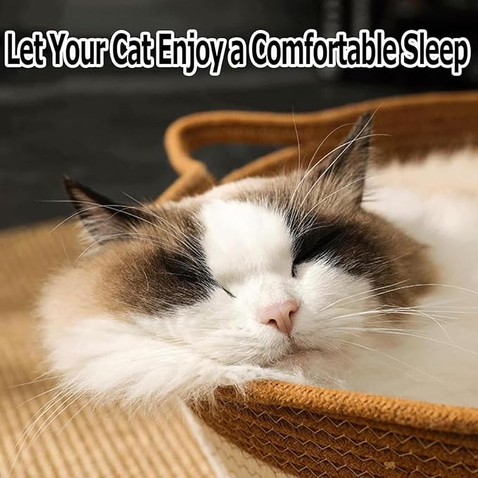 Instinct Basket, Stimuli Handwoven cat Basket Rope Cotton with Cushion, Eliminates Bed Rejection Round Pet Basket, Boho Catbed for Cats Handwoven Scratchable Breathable Weave (Large-A)
