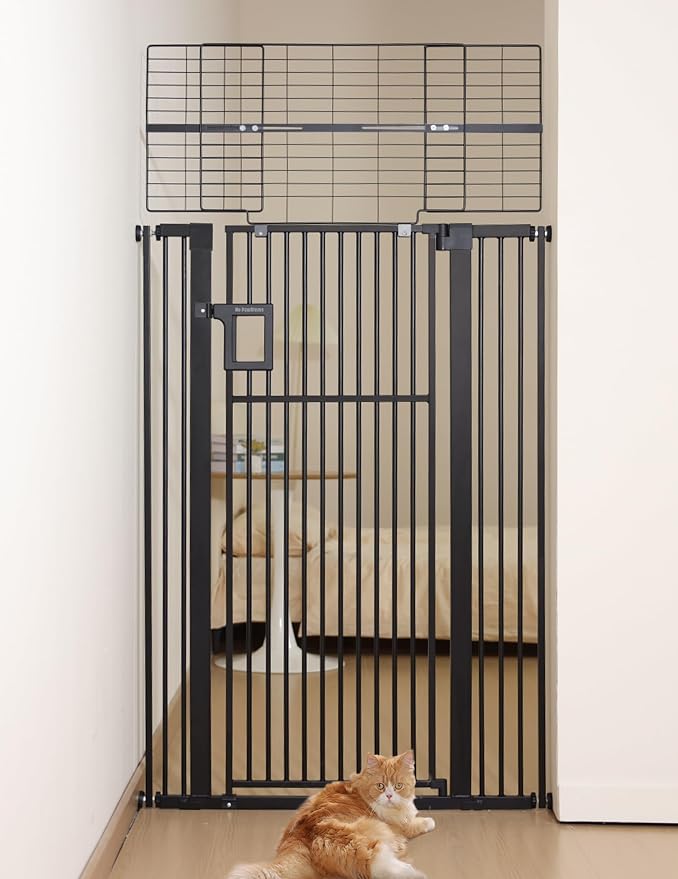 No Pawblems 71" Extra Tall Pet Gate, 29"-43" Wide Pressure Mounted, Black | 1.37" Ultra Narrow Spacing, Auto-Close Tall Cat Gate for Doorway, Dual-Lock, One-handed Operation