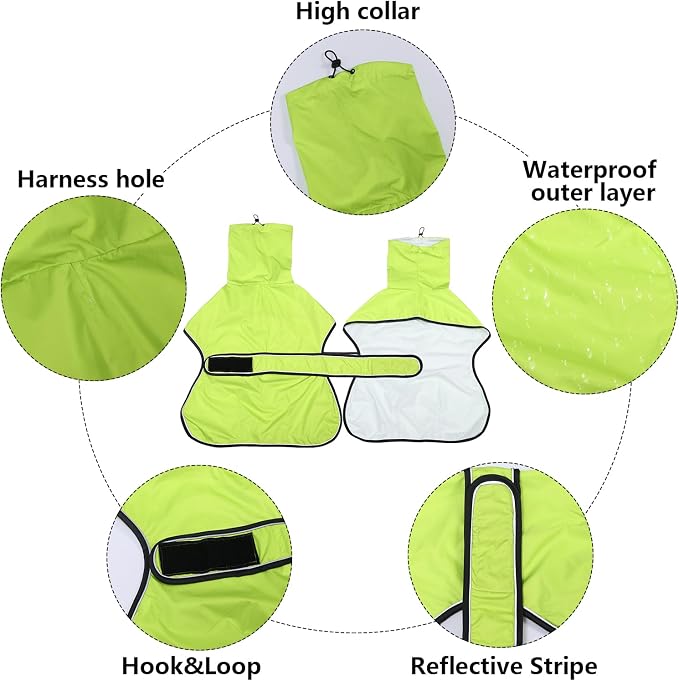 Greyhound Whippet Raincoat Waterproof with Reflective Stripe high Neck fit for Italian Greyhounds Whippets Long Back Breeds - Light Green - XL