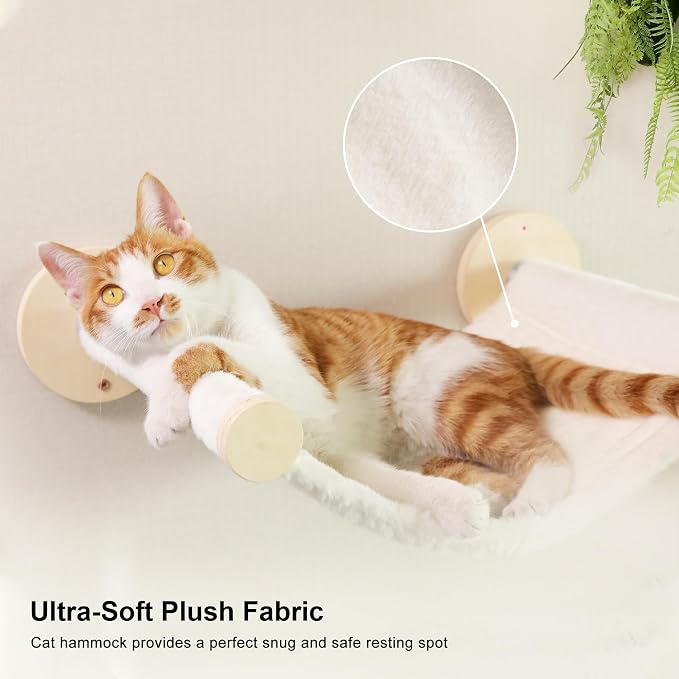 FUKUMARU Cat Wall Shelves, 5 in 1 Set, Beige | Stable Wooden Wall-Mounted Furniture Set, Kitty Climber with Hammock, House, Steps, Scratching Post