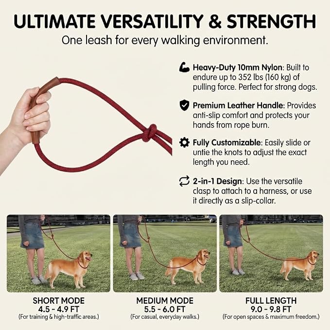 Hands Free Multifunctional Dog Leash for 1 or 2 Dogs, 9.8 ft, Winery Red | Waist, crossbody, or handheld lead with leather handle to walk run hike train. Double attachments for 2 dogs up to 125lbs.