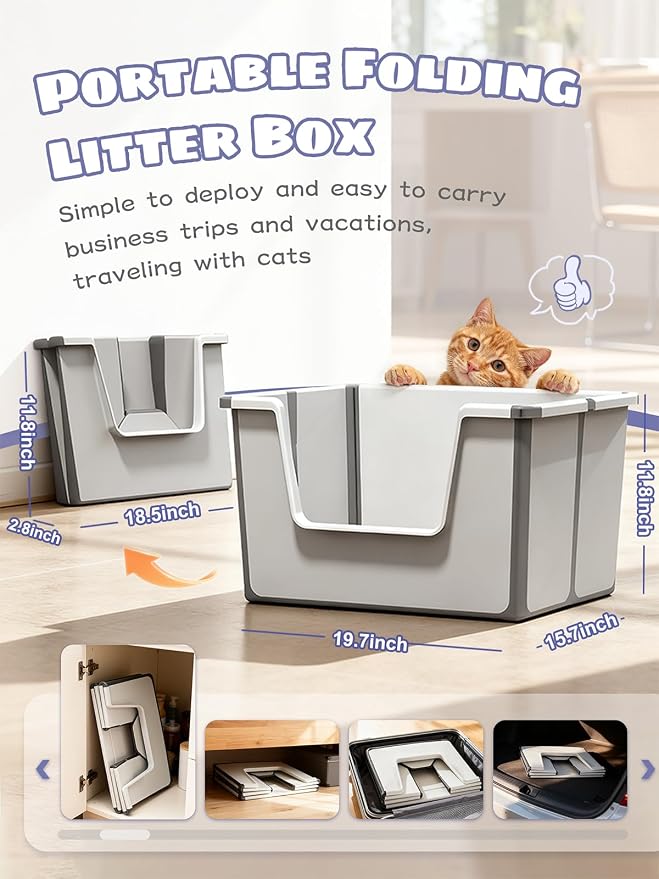 Large Cat Litter Boxes (16x20x12 Inch) with Scoop, Portable Cat Litter Box for Travel with Open Top & High Side, Foldable Box Easy to Carry to Indoor or Outdoor, for Kitty & Big Cats