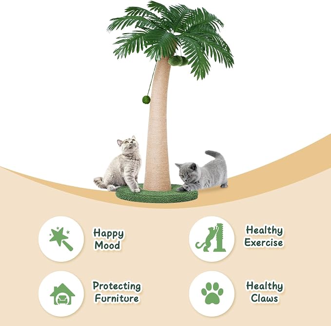43.3inch Palm Tree Shape Style Sisal Cat Tree Scratching Post Cats, Wear Resistant Cat Claw Scratcher with Plush Stable Base & Hanging Toy Ball, Green