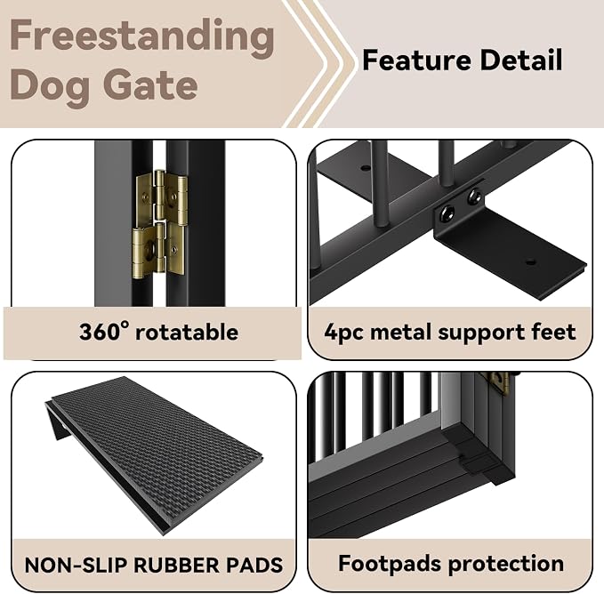 SNUOWU Full Metal Freestanding Dog Gate with Door, 24'' Height Foldable Pet Dog Fence for Indoor & Outdoor, 4 Panels Extra Wide Free Standing SmallDog Gates for Doorways,House,Stairs,Porch,Deck,Yard