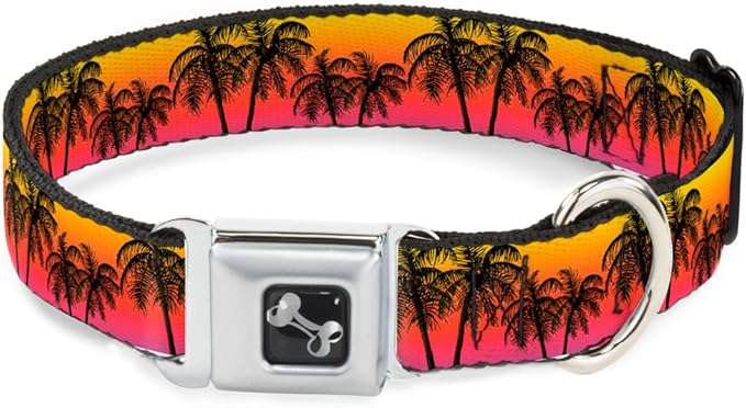 Dog Collar Seatbelt Buckle Palm Trees Sunset Fade Black 15 to 26 Inches 1.0 Inch Wide, Large, DC-W34296-L | Palm Trees Sunset Fade Black Durable Metal Adjustable ID Tag Ring