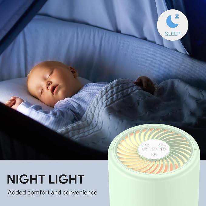 FULMINARE Air Purifiers for Home Bedroom H13 HEPA Air Filter | 360° Intake for Pet Hair, Smoke, Odors , 3 Speeds, Timer, 24dB, Small Mini Air Purifier with Night Light, Green