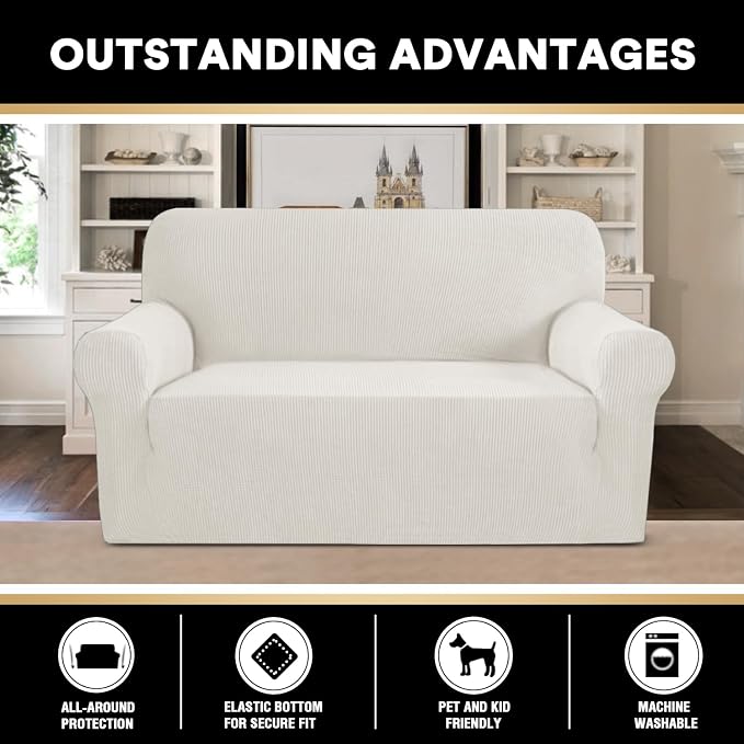 Stretch Loveseat Sofa Cover Slipcover Couch Cover for 2 Cushion Sofa Washable Sofa Cover for Pets Friendly Furniture Protector Covers with Non Slip Bottom(Loveseat, Porcelain)