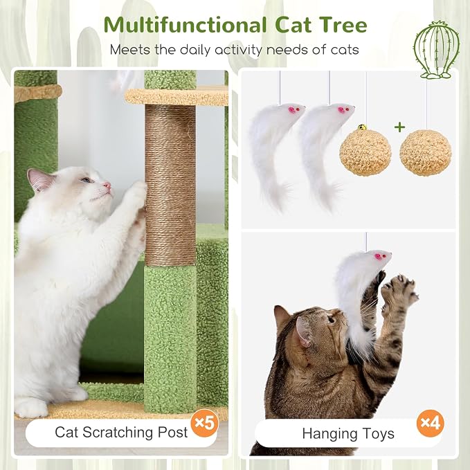 Globlazer Cactus Large Cat Tree, 80 inch Tall Climbing Tower, F80F, Green | Multi-Level Cat Scratching Tower for Indoor Multiple Large Adult Cats Kittens with 3 Cat Caves, 3 Hanging Baskets