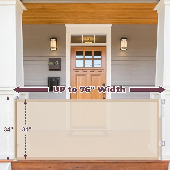 76" Retractable Baby Gates Extra Wide, Mesh Long Dog Gate for Deck | Indoor Outdoor Stair Gate for Wide Openings Doorways Hallways Porch, Child Pet Safety Essentials for Home, Beige