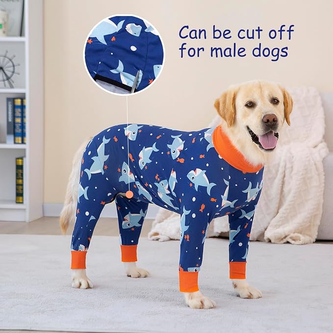 Dog Recovery Suit After Surgery Female Male, Medium Large Dog Neuter Shirt Cone Alternatives Prevent Licking Surgical Onesies (Blue Shark, 4XL)