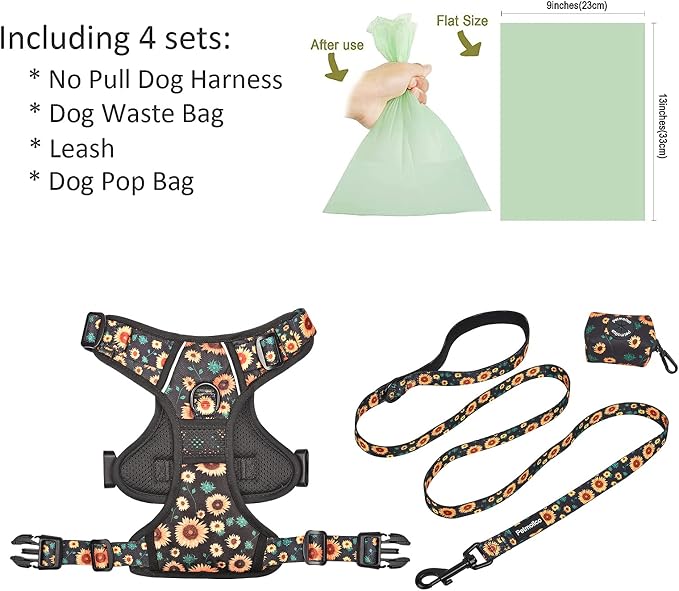Petmolico No Pull Dog Harness Set with Leash Attachment Easy Control Handle Reflective Harness Vest Small Breed, Puppy Vest and Leash Set with Poop Bag Holder, Large - Sunflower