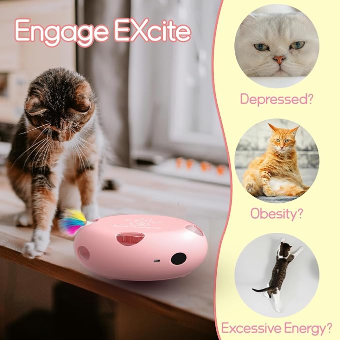 Interactive Cat Toy, Pink | Electric for Moving Concealed Feathers, Smart Sensor 7 Holes Whack a Mole Feather Toy, USB Charge Automatic