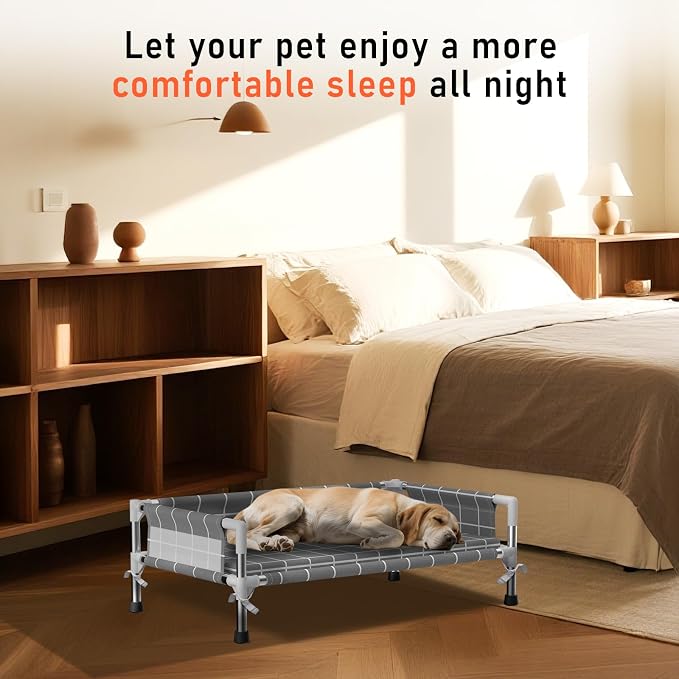 Elevated Dog Bed with Cushion and Three-Sided Fence for Small Medium Dogs | 3-sided safety Guardrail and soft cotton fabric. Anti-slip feet for stable indoor relaxation and outdoor activities