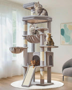 Taoqimiao Cat Tree for Large Cats, 72In Tall Cat Tower, Giant Platform | Widened Cat Condo with Large Scratch Board, 5 Scratching Posts, Metal Frame Hammcock, Cozy Basket, Light Gray, MS045W
