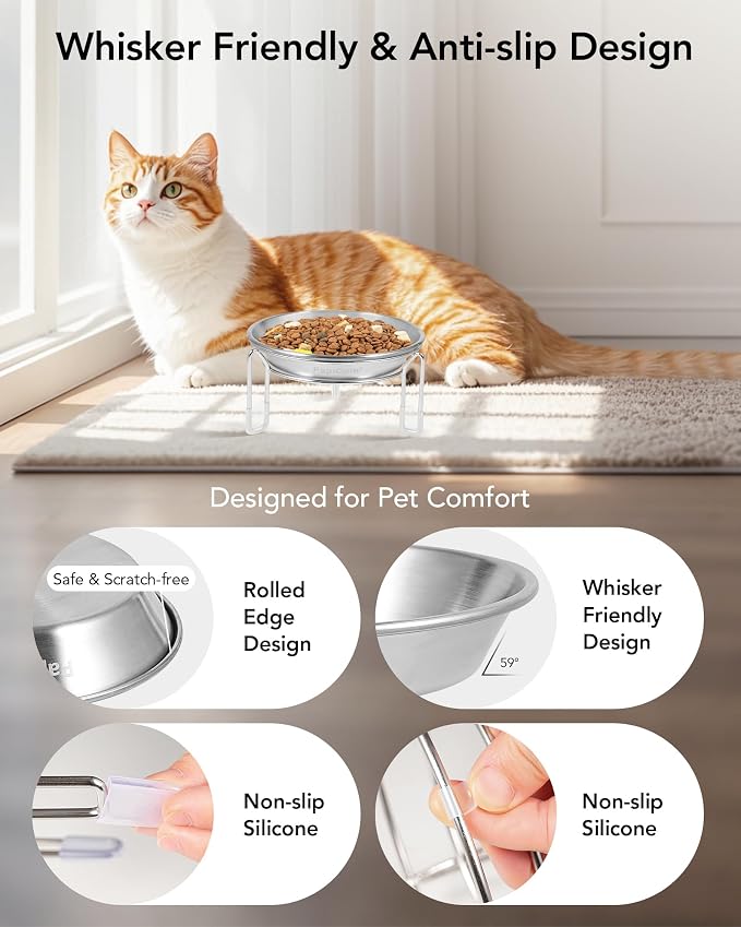 Elevated cat Bowl 4PC, 6.3" Wide Raised Cat Bowl | Stainless Steel Cat Food and Water Dishes, Small Dog Bowl, Whisker Friendly, Anti-Vomiting, Neck Stress-Free Bowl Stands