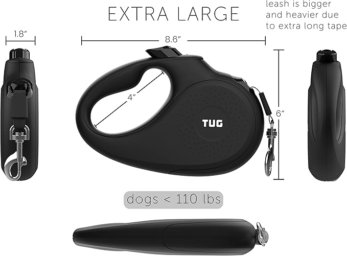 TUG Monochrome XL 360° Tangle-Free Retractable Dog Leash | 26 ft Strong Nylon Tape | One-Handed Brake, Pause, Lock (Extra Large, Black)