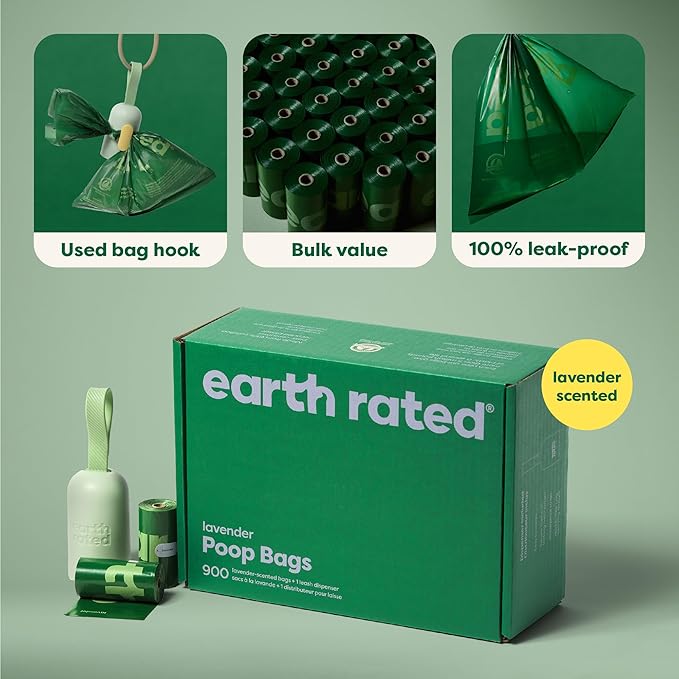 Earth Rated Dog Poop Bag Holder, 1 Dispenser and 900 Bags, Lavender | Durable and Guaranteed Leakproof Poop Bags