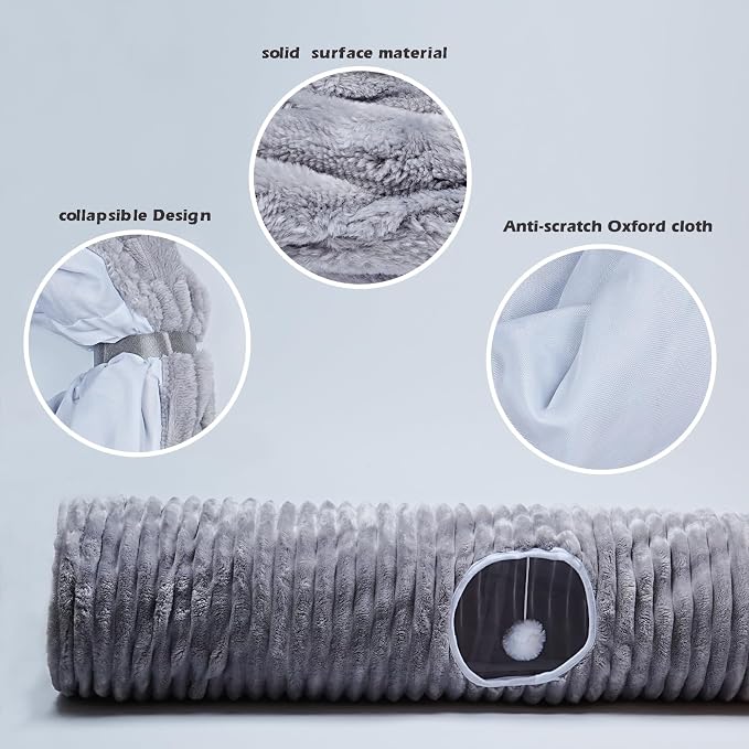 Luxurious Cat Tunnel,43" Straight Cat Tunnel Bed with Balls,Cat Toys for Indoor Cats,Collapsible Peekaboo Cat Cave for Kitten Toys (Gray Stripe)