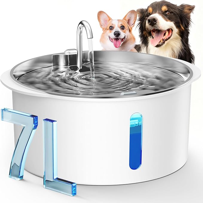 Pektaco Dog Water Fountain for Large Dogs, Stainless Steel Tray, 1 Filter | 7L / 1.8 Gal, 4-Layer Filtration, Viewing Window, LED Water Level Indicator, Super Quiet Pump, Easy to Clean, BPA-Free