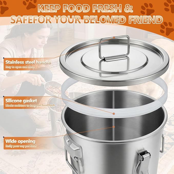 30LB Stainless Steel Dog Food Storage Container with Lid & Scoop, Large Metal Dog Food Container for Dry Pet Food, Pet Food Storage Container for Kibble, Cat Food and Treats