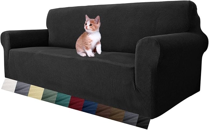 MAXIJIN Super Stretch Couch Cover for 3 Cushion Couch, 1-Piece Universal Sofa Covers Living Room Jacquard Spandex Furniture Protector Dogs Pet Friendly Fitted (Large, Black)