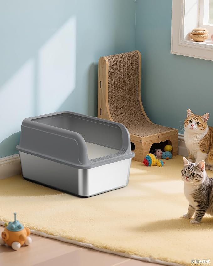 Powools Stainless Steel Cat Litter Box, High-Sided, Grey, XXL (1 Pack) | Metal Litter Box with Scoop, Anti-Leakage Top Entry, Non-Sticky, Easy to Clean, 8-Inch Splash-Proof Deep Pan