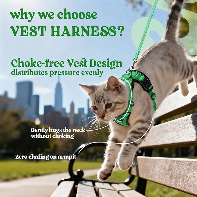 rabbitgoo Cat Harness and Leash Set, Escape Proof Vest, Grass Green | Soft Breathable Mesh, Easy Adjustable Fit, Snap Buckles, Sturdy Clip, Reflective Strips, for Medium to Large Cats Walks, M